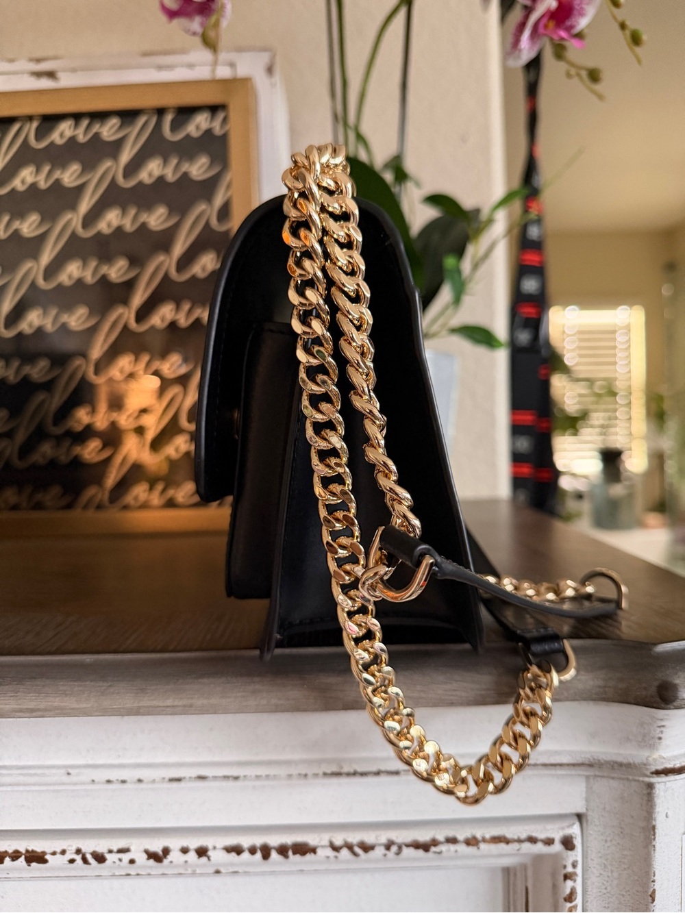 Michael Kors Black Leather Crossbody with Gold MK Chain - Picture 2 of 3